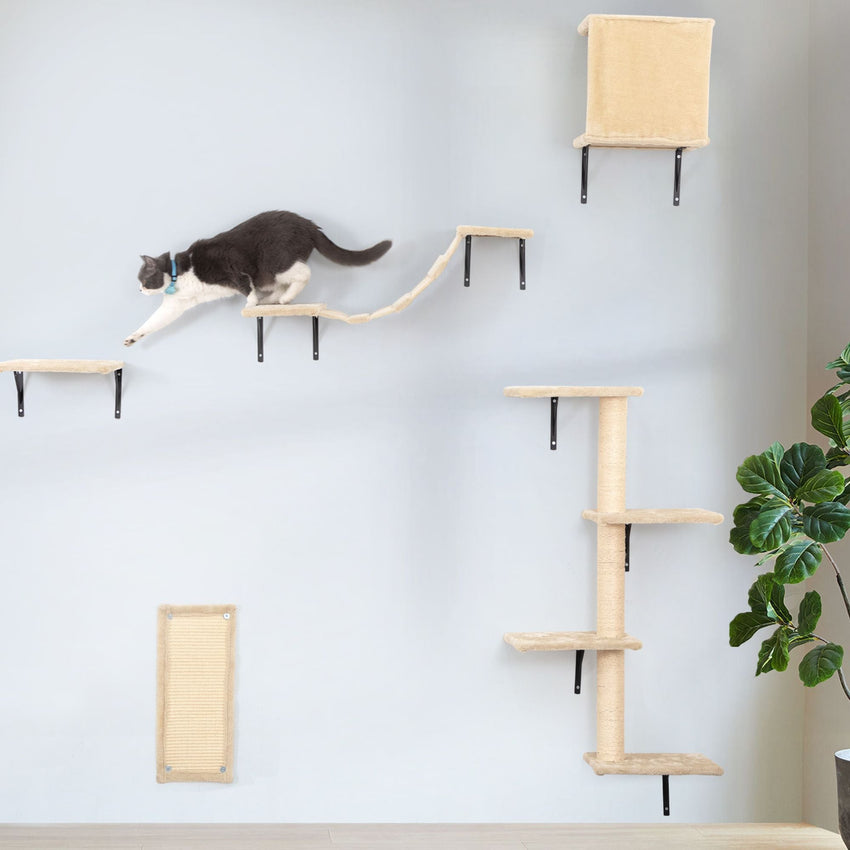 5 Pcs Wall Mounted Cat Climber Set; Floating Cat Shelves and Perches; Cat Activity Tree with Scratching Posts; Modern Cat Furniture - 7DAY'S