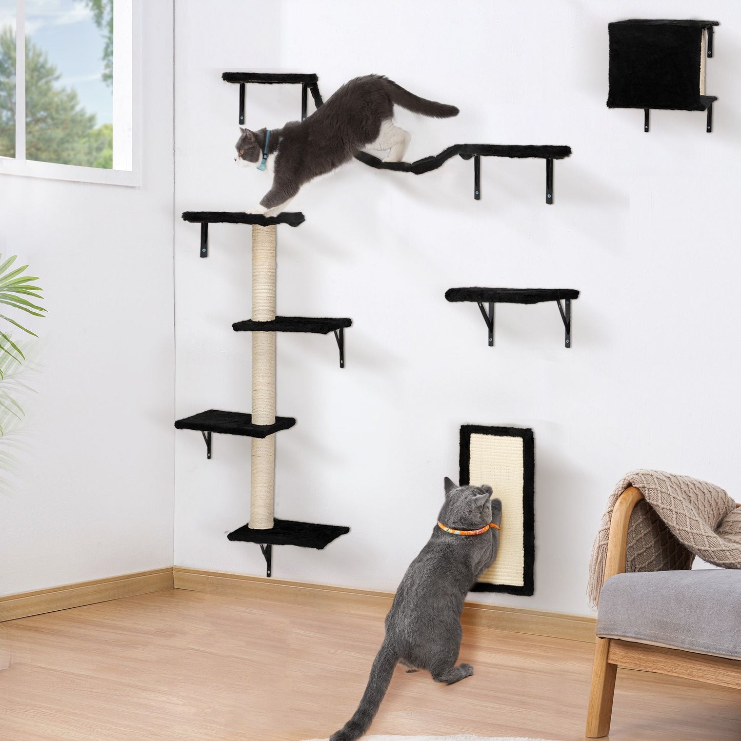 5 Pcs Wall Mounted Cat Climber Set; Floating Cat Shelves and Perches; Cat Activity Tree with Scratching Posts; Modern Cat Furniture - 7DAY'S