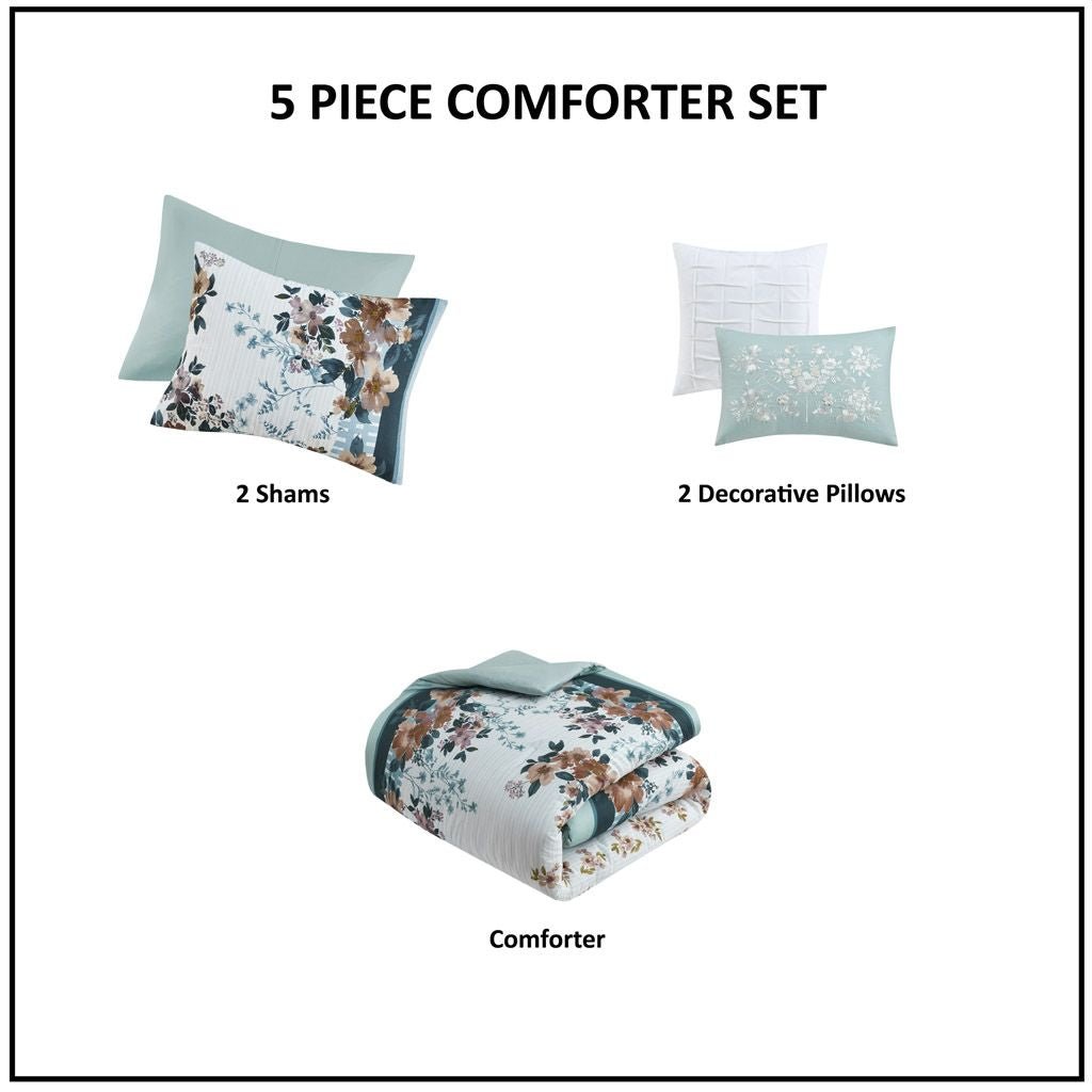 5 Piece Cotton Floral Comforter Set with Throw Pillows - 7DAY'S