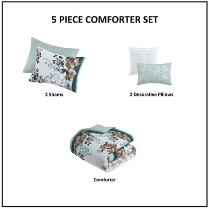 5 Piece Cotton Floral Comforter Set with Throw Pillows - 7DAY'S