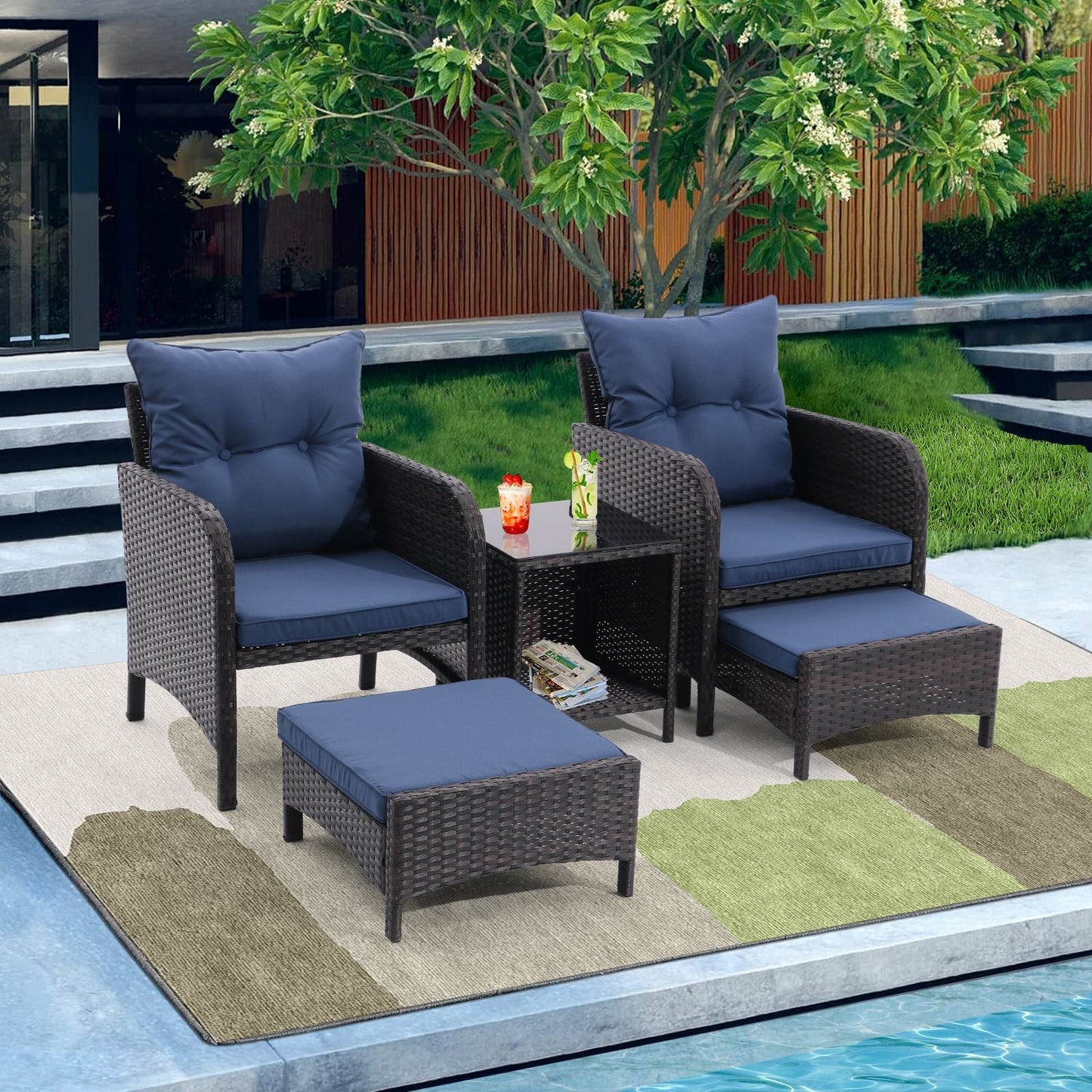 5 Piece Outdoor Patio Furniture Set,All Weather PE Rattan Conversation Chairs with Armrest and Removable Cushions,Ottomans and Storage Coffee Table for Poolside Garden Balcony Deck - 7DAY'S
