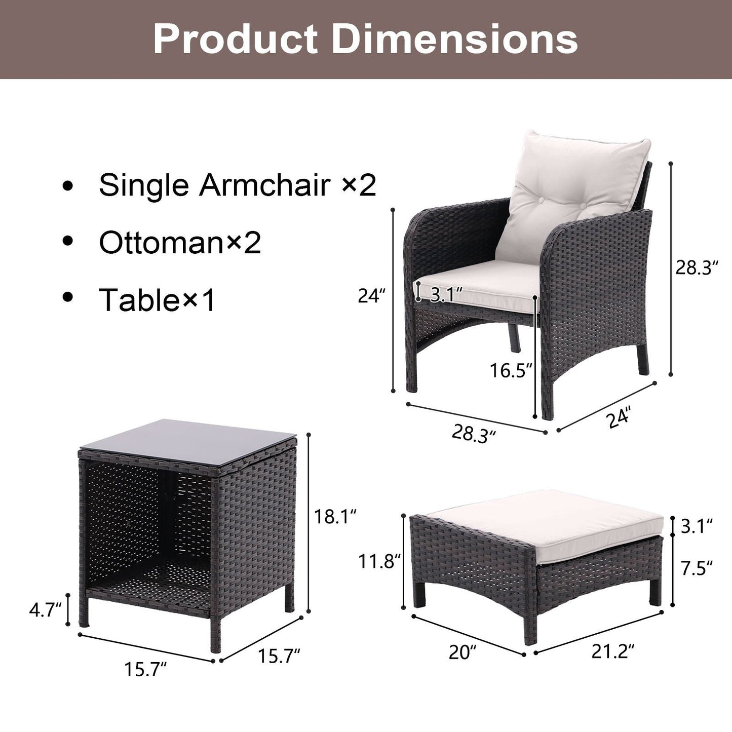 5 Piece Outdoor Patio Furniture Set,All Weather PE Rattan Conversation Chairs with Armrest and Removable Cushions,Ottomans and Storage Coffee Table for Poolside Garden Balcony Deck - 7DAY'S