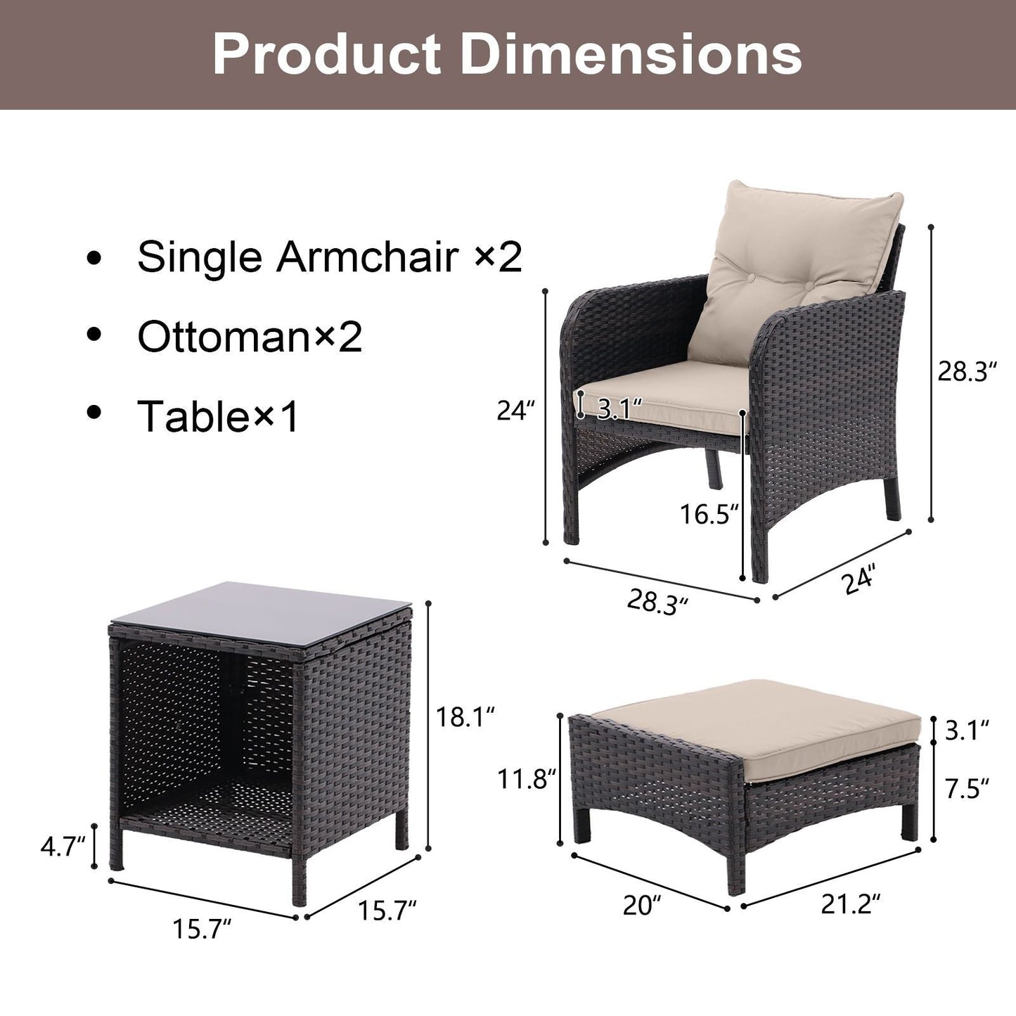5 Piece Outdoor Patio Furniture Set,All Weather PE Rattan Conversation Chairs with Armrest and Removable Cushions,Ottomans and Storage Coffee Table for Poolside Garden Balcony Deck - 7DAY'S