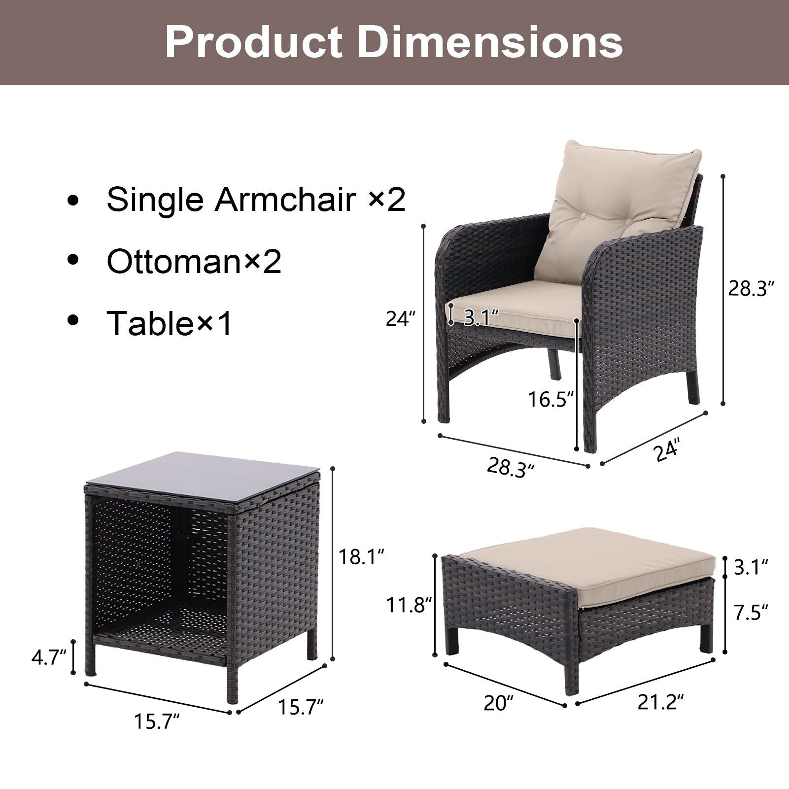 5 Piece Outdoor Patio Furniture Set,All Weather PE Rattan Conversation Chairs with Armrest and Removable Cushions,Ottomans and Storage Coffee Table for Poolside Garden Balcony Deck - 7DAY'S