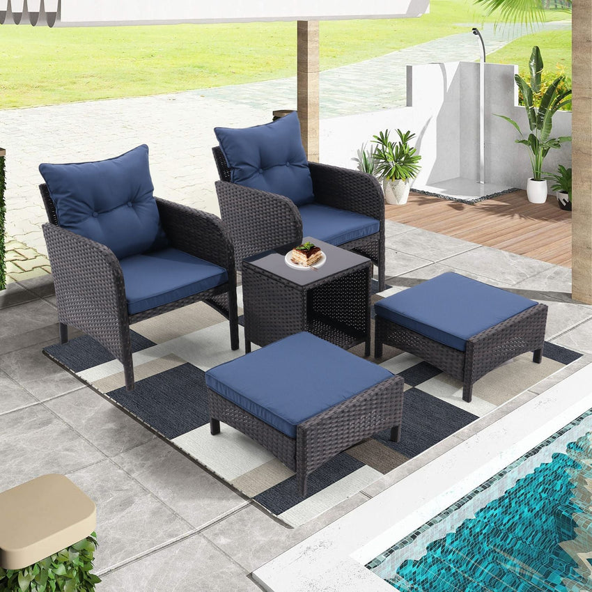 5 Piece Outdoor Patio Furniture Set,All Weather PE Rattan Conversation Chairs with Armrest and Removable Cushions,Ottomans and Storage Coffee Table for Poolside Garden Balcony Deck - 7DAY'S