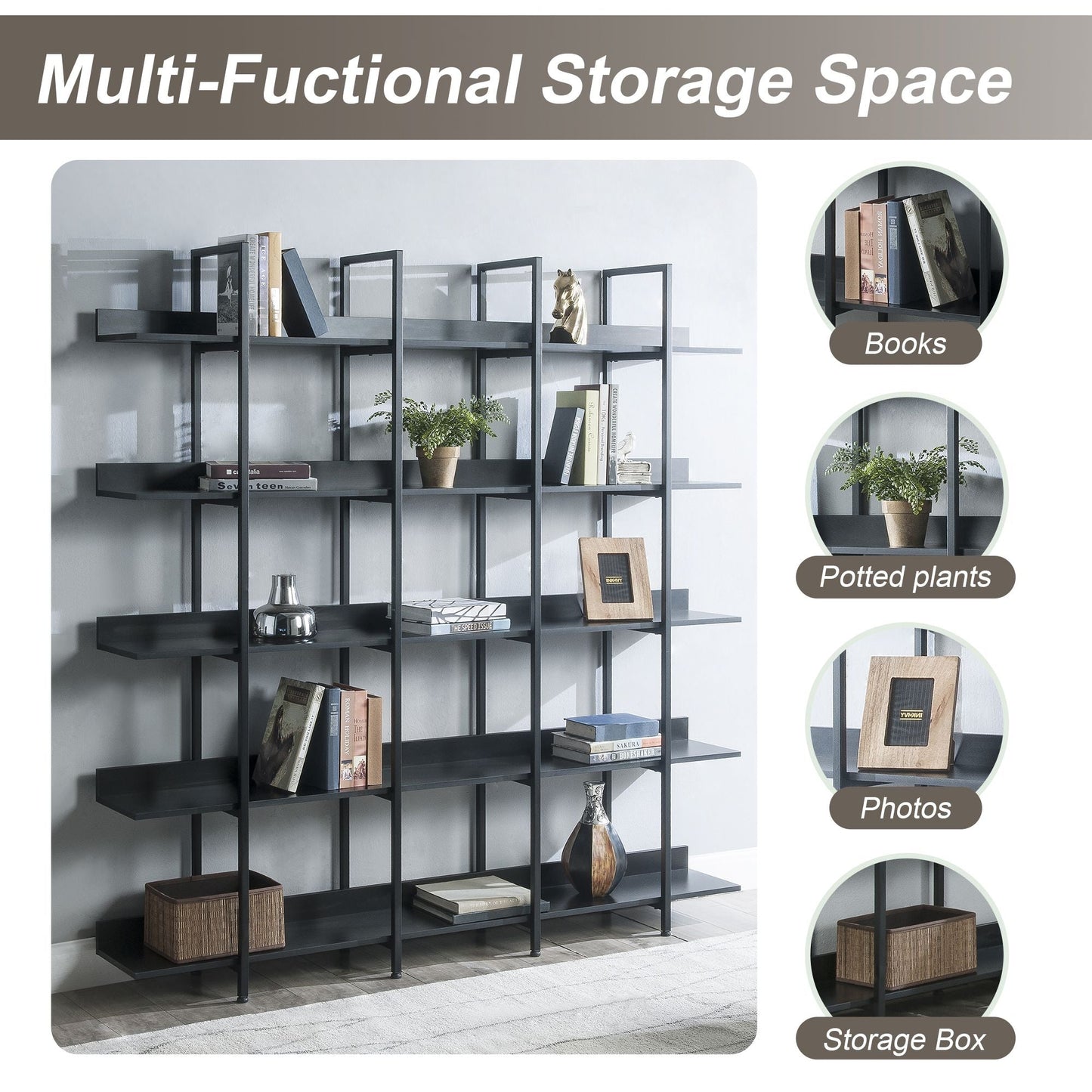 5 Tier Bookcase Home Office Open Bookshelf, Vintage Industrial Style Shelf with Metal Frame, MDF Board - 7DAY'S