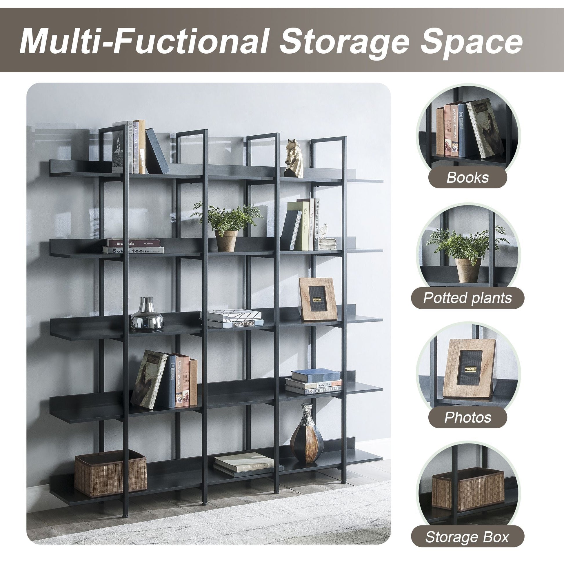 5 Tier Bookcase Home Office Open Bookshelf, Vintage Industrial Style Shelf with Metal Frame, MDF Board - 7DAY'S