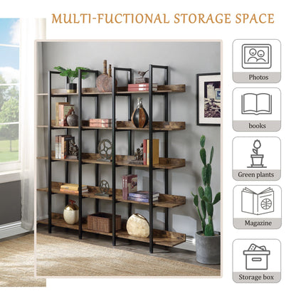 5 Tier Bookcase Home Office Open Bookshelf, Vintage Industrial Style Shelf with Metal Frame, MDF Board - 7DAY'S