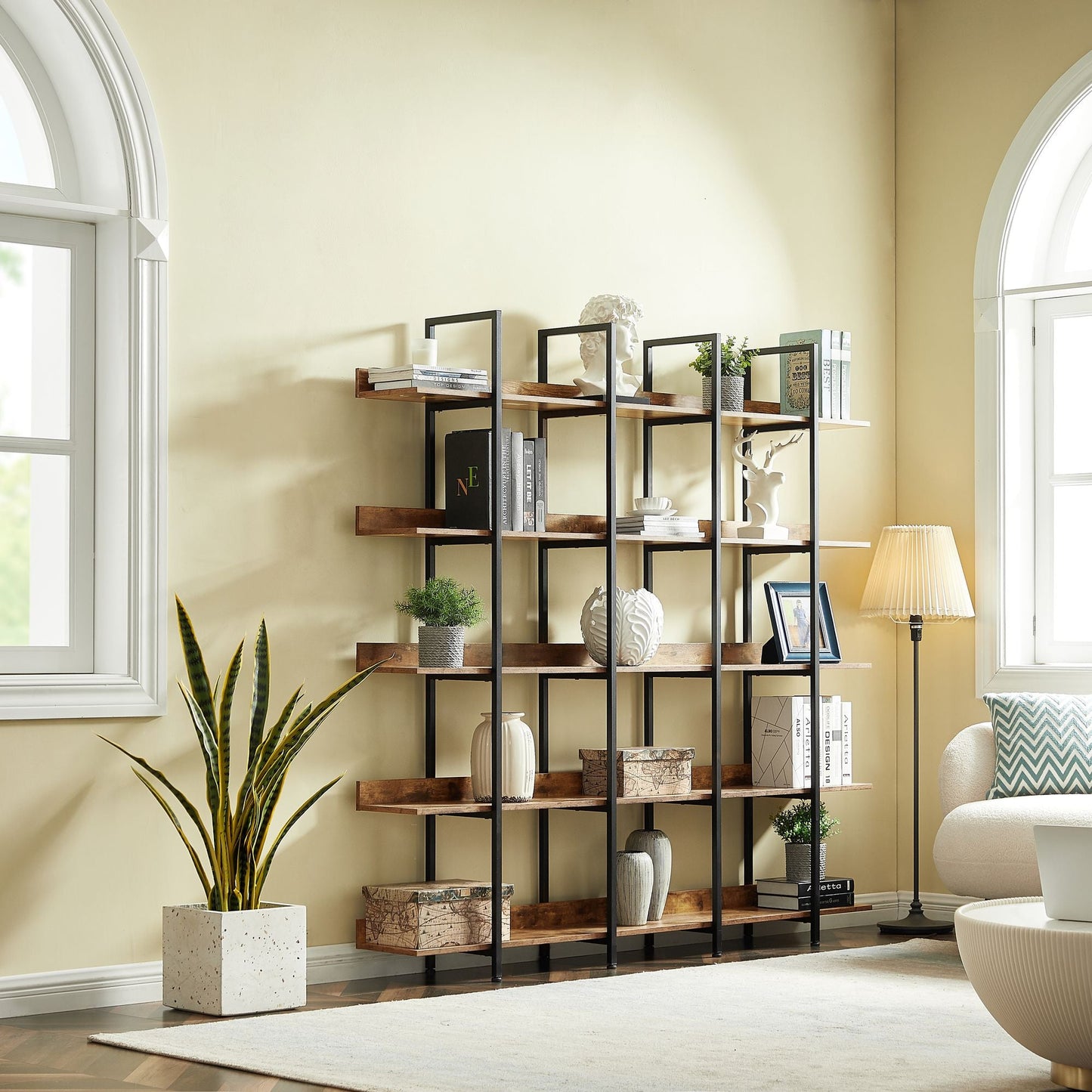 5 Tier Bookcase Home Office Open Bookshelf, Vintage Industrial Style Shelf with Metal Frame, MDF Board - 7DAY'S