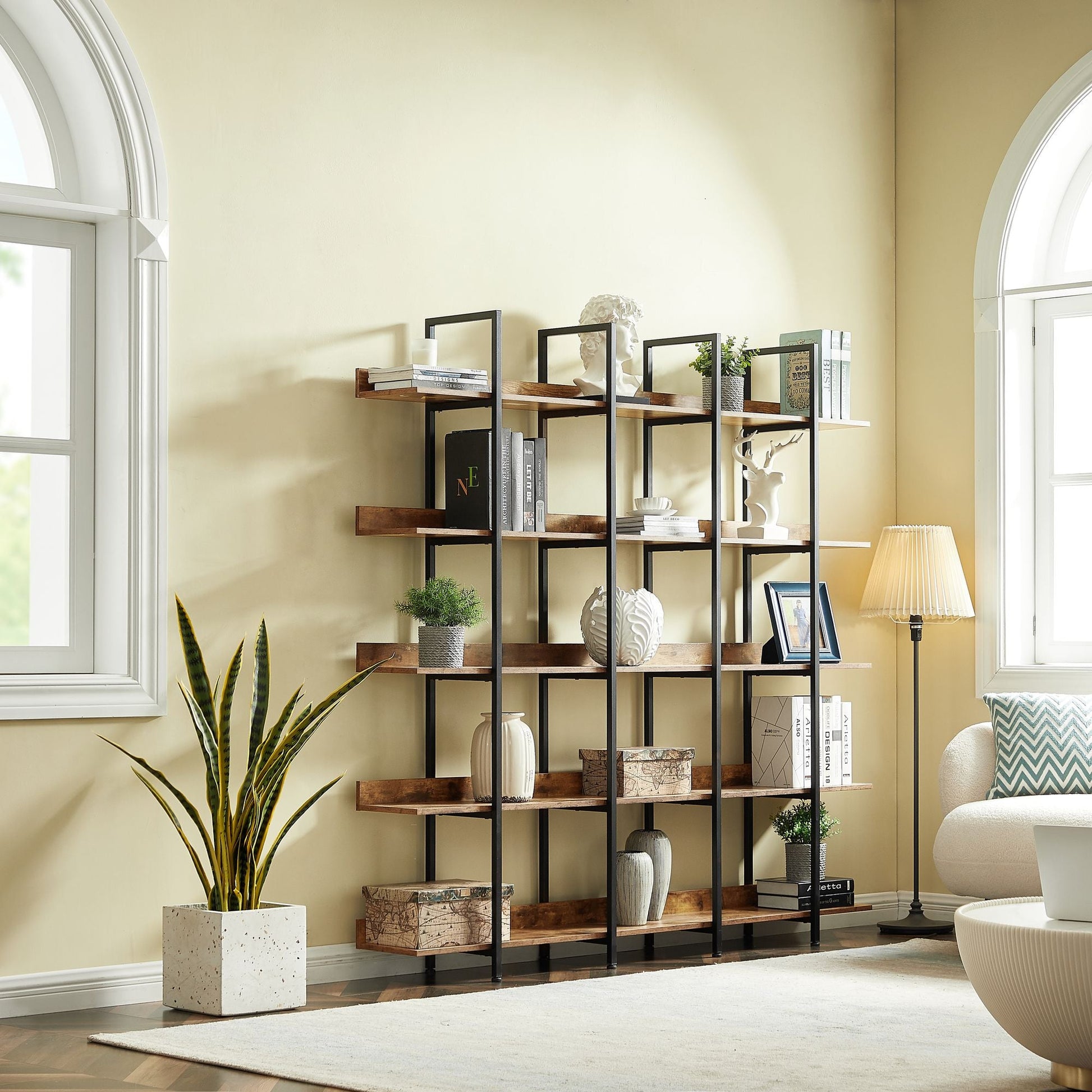 5 Tier Bookcase Home Office Open Bookshelf, Vintage Industrial Style Shelf with Metal Frame, MDF Board - 7DAY'S