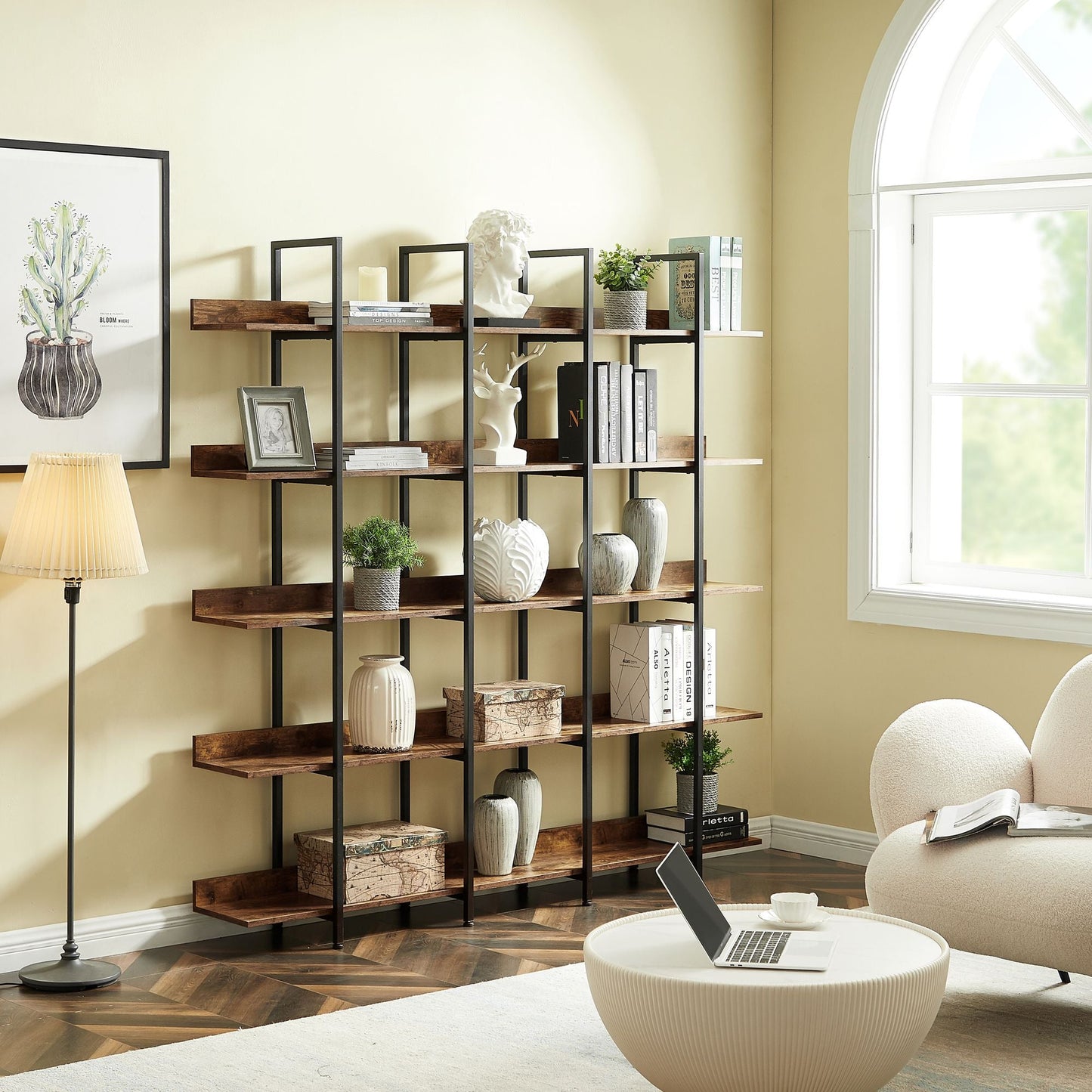 5 Tier Bookcase Home Office Open Bookshelf, Vintage Industrial Style Shelf with Metal Frame, MDF Board - 7DAY'S