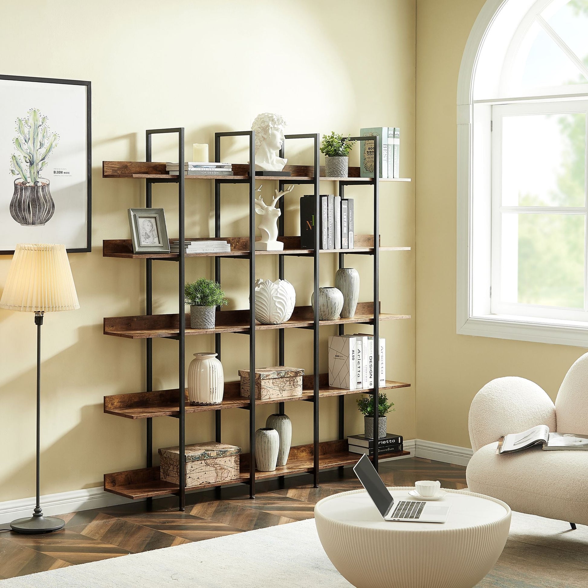 5 Tier Bookcase Home Office Open Bookshelf, Vintage Industrial Style Shelf with Metal Frame, MDF Board - 7DAY'S