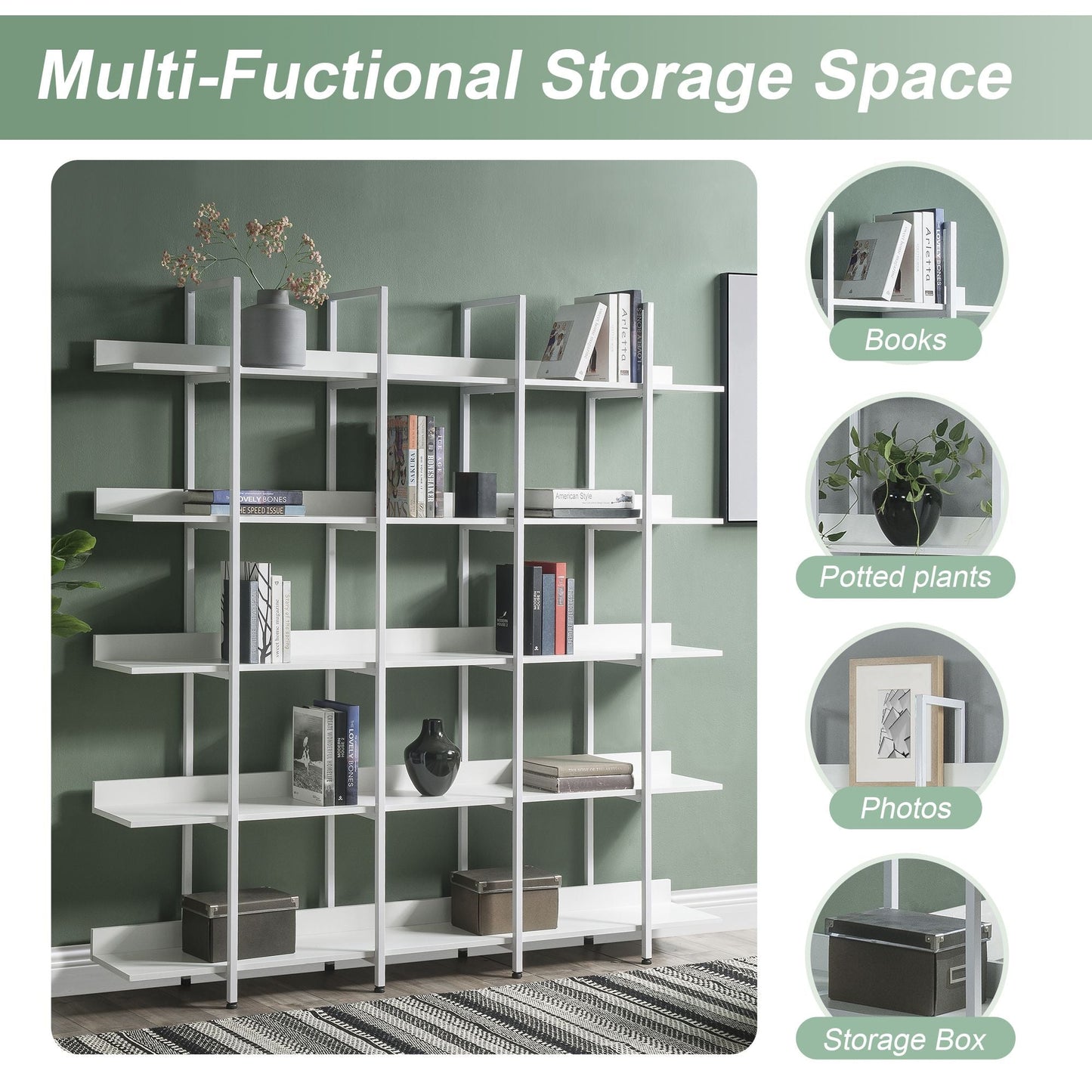 5 Tier Bookcase Home Office Open Bookshelf, Vintage Industrial Style Shelf with Metal Frame, MDF Board - 7DAY'S