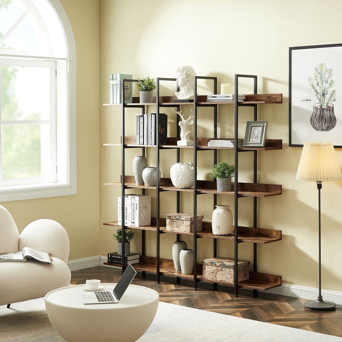 5 Tier Bookcase Home Office Open Bookshelf, Vintage Industrial Style Shelf with Metal Frame, MDF Board - 7DAY'S