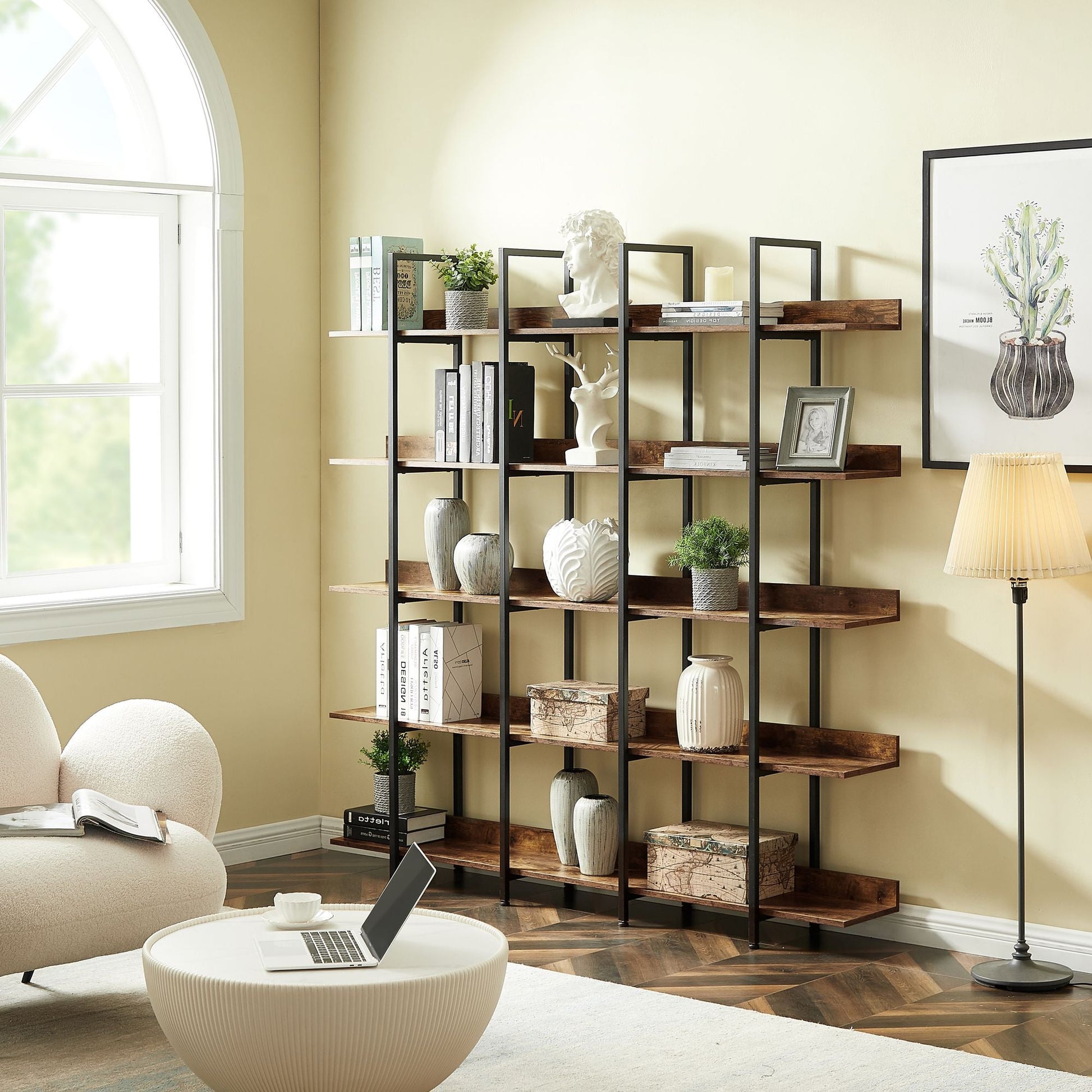 5 Tier Bookcase Home Office Open Bookshelf, Vintage Industrial Style Shelf with Metal Frame, MDF Board - 7DAY'S