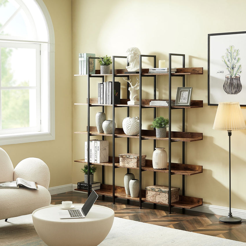 5 Tier Bookcase Home Office Open Bookshelf, Vintage Industrial Style Shelf with Metal Frame, MDF Board - 7DAY'S