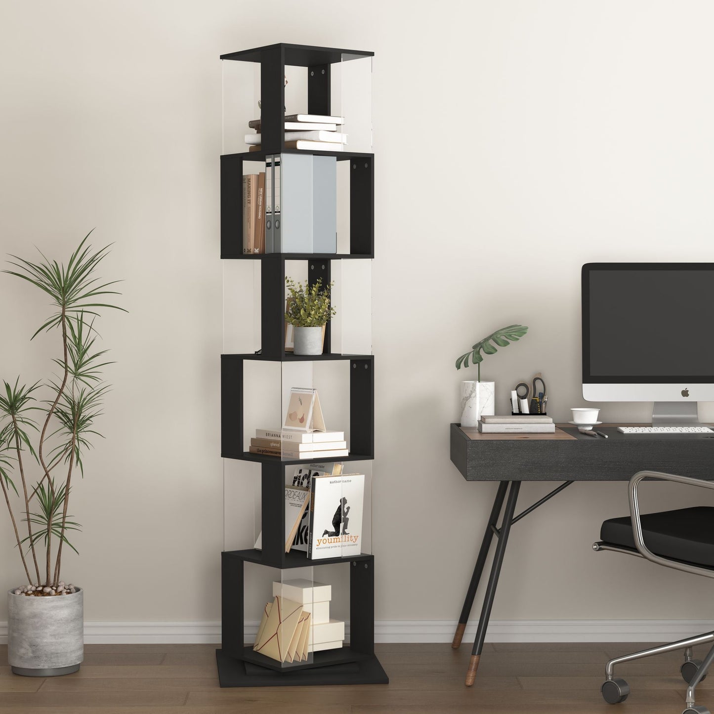 5 tier Rotating Bookshelf, Floor Rack Simple Bookcase with Acrylic plate Student Multi - Function Creative Bookshelf for Living Room with anti - toppling base - 7DAY'S
