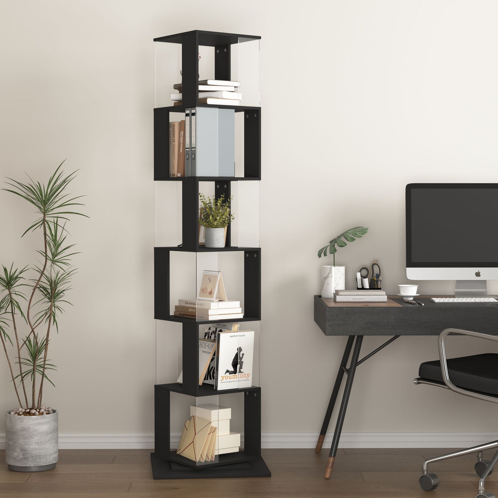 5 tier Rotating Bookshelf, Floor Rack Simple Bookcase with Acrylic plate Student Multi - Function Creative Bookshelf for Living Room with anti - toppling base - 7DAY'S