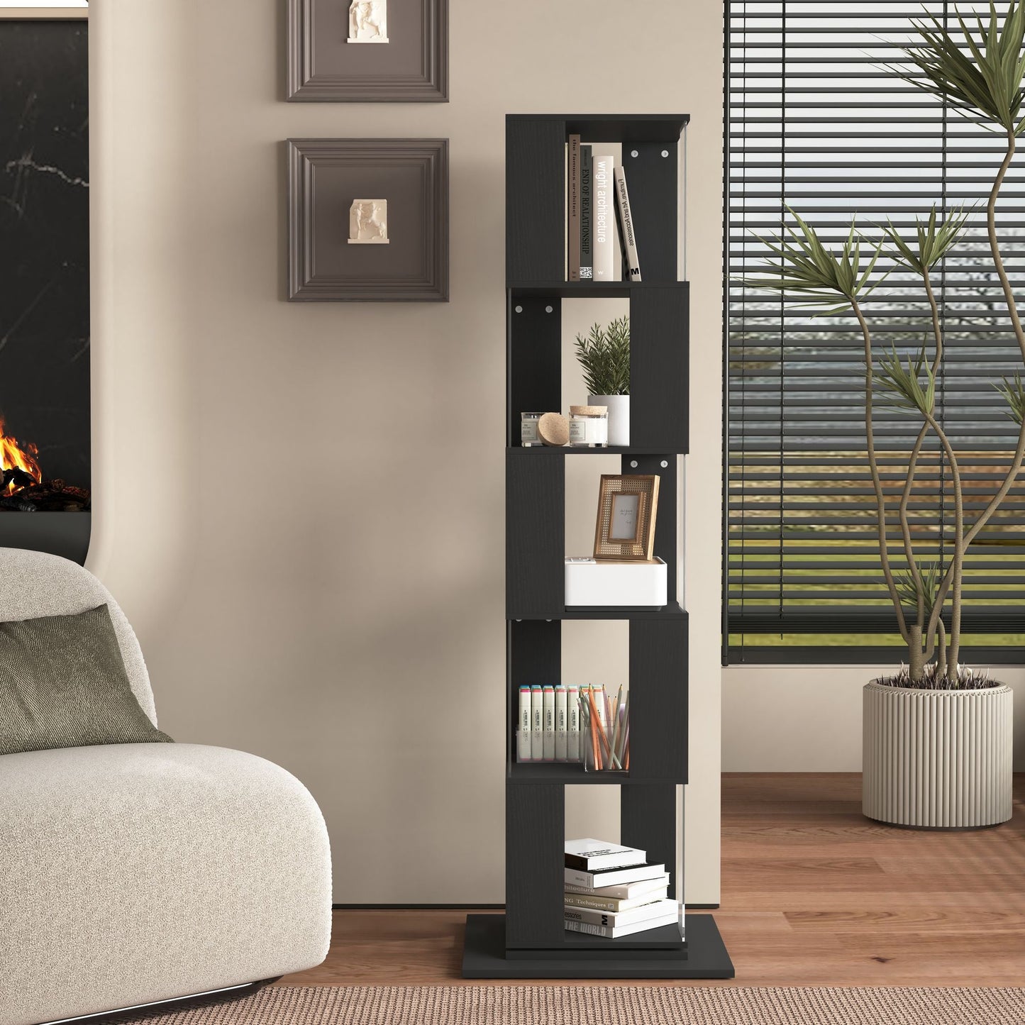 5 tier Rotating Bookshelf, Floor Rack Simple Bookcase with Acrylic plate Student Multi - Function Creative Bookshelf for Living Room with anti - toppling base - 7DAY'S