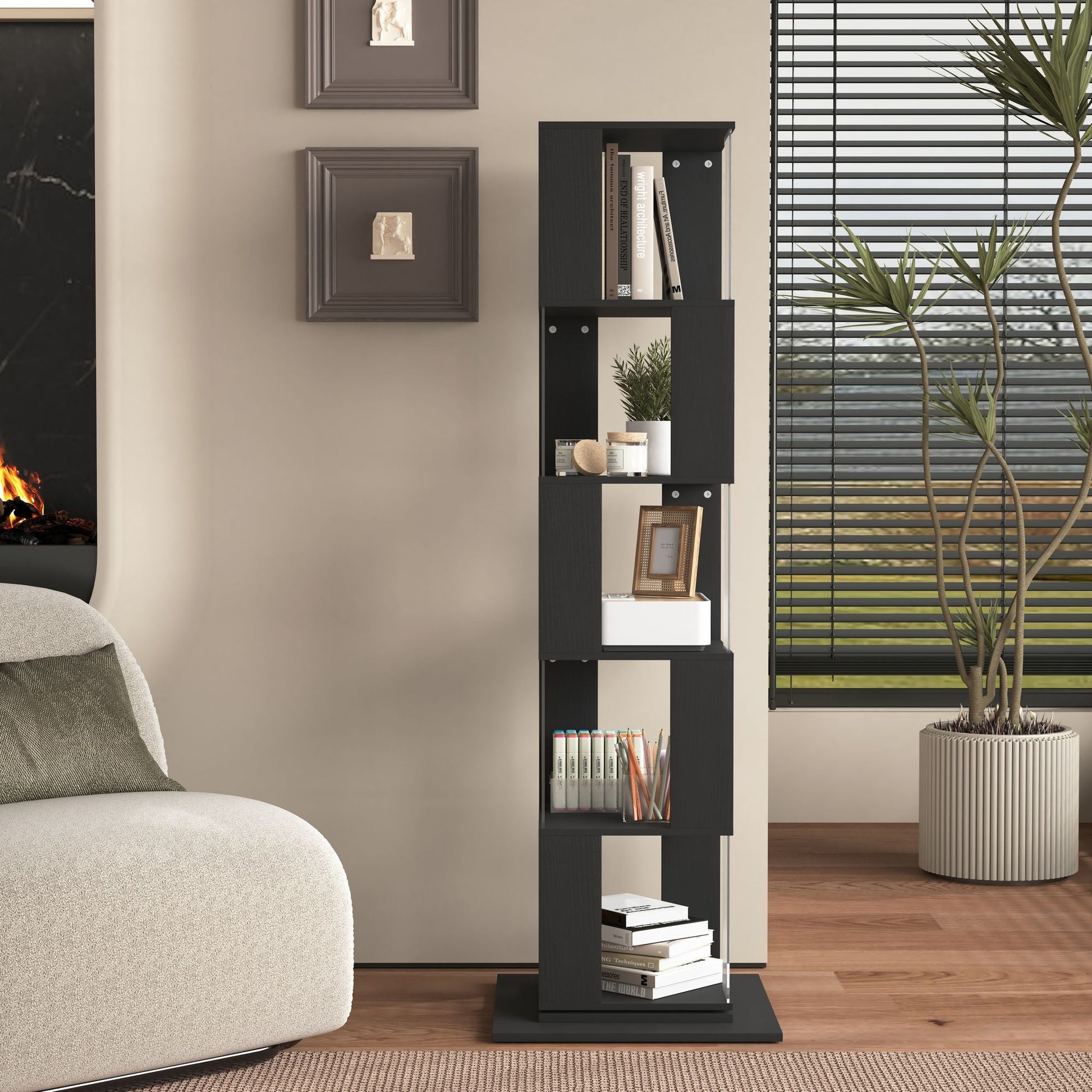 5 tier Rotating Bookshelf, Floor Rack Simple Bookcase with Acrylic plate Student Multi - Function Creative Bookshelf for Living Room with anti - toppling base - 7DAY'S