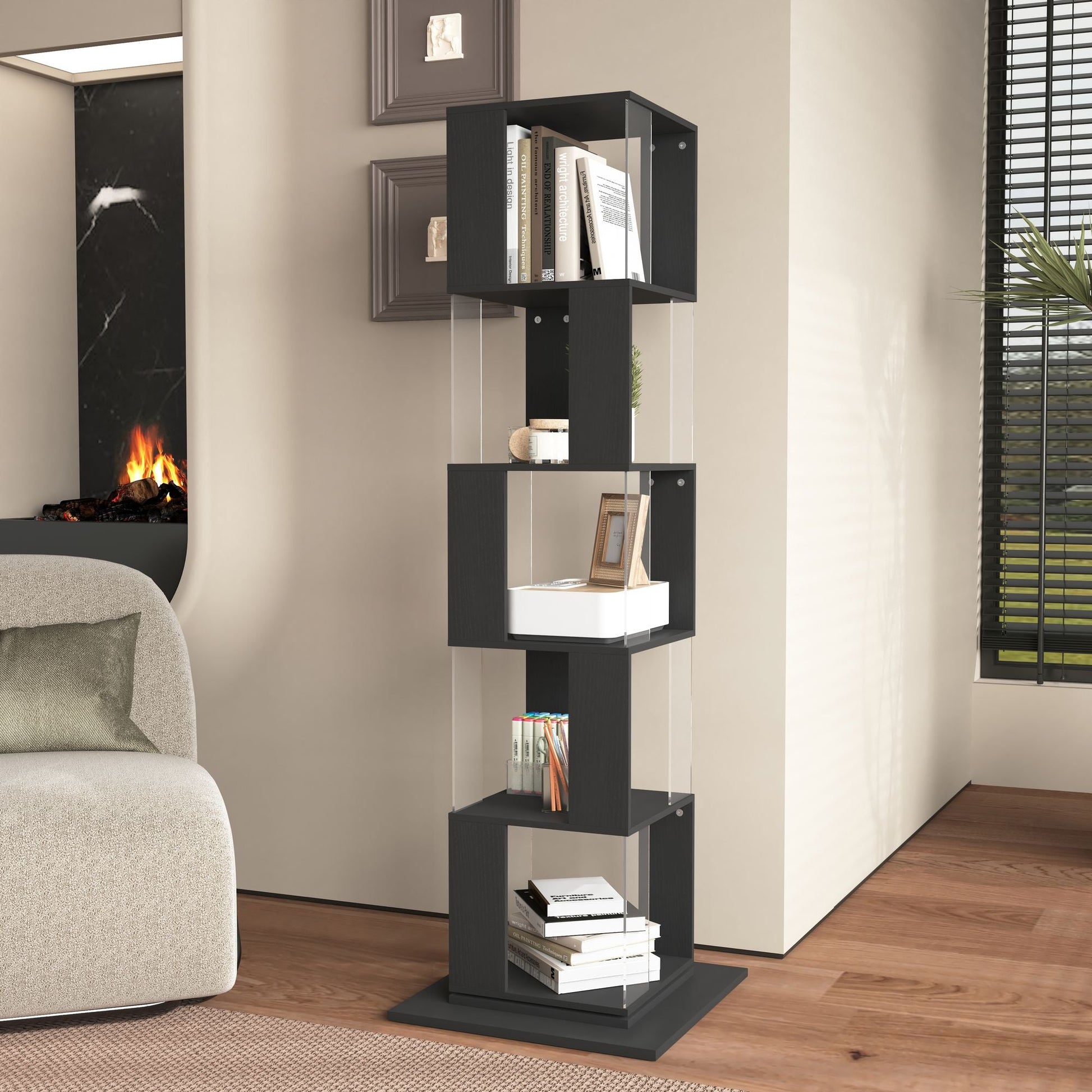 5 tier Rotating Bookshelf, Floor Rack Simple Bookcase with Acrylic plate Student Multi - Function Creative Bookshelf for Living Room with anti - toppling base - 7DAY'S