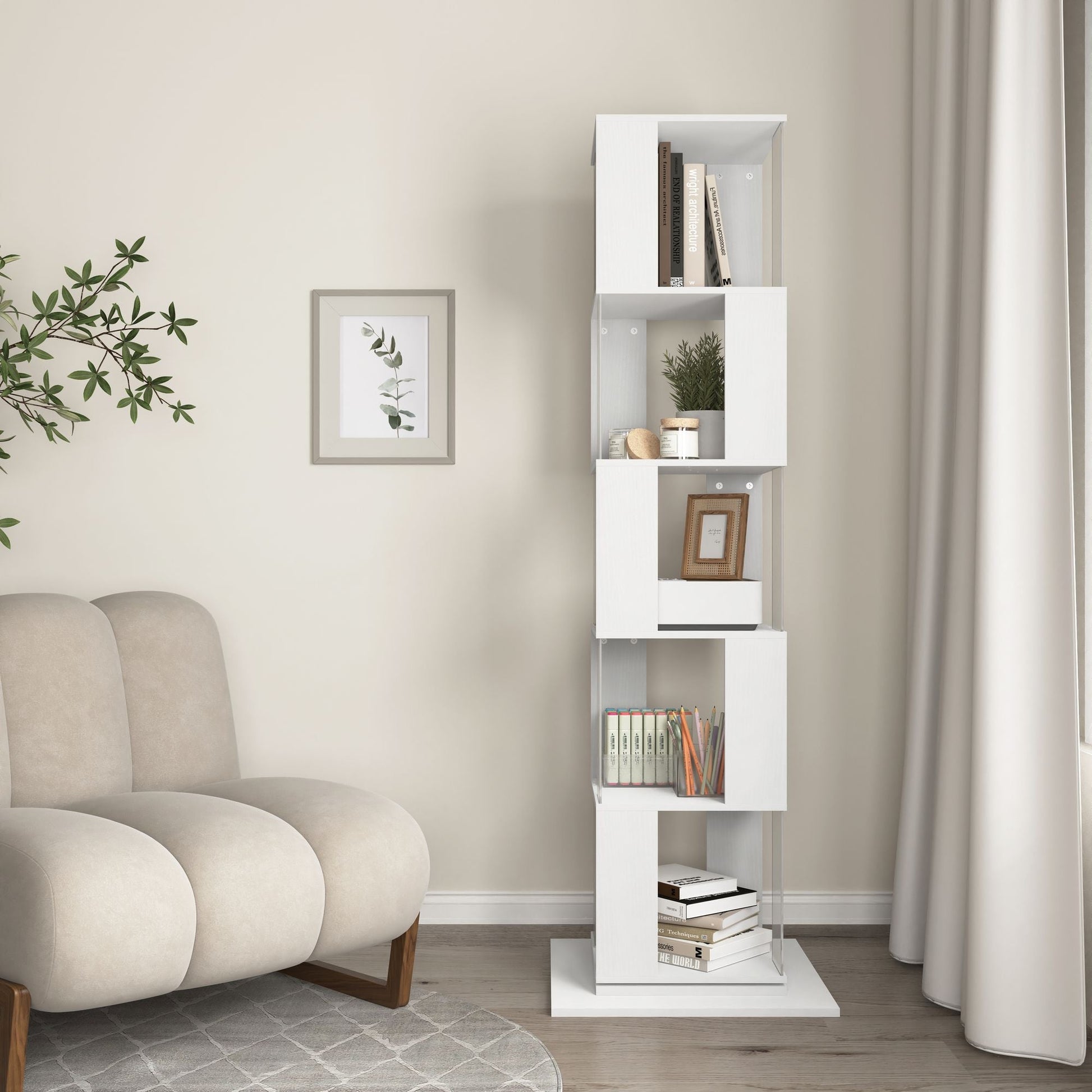 5 tier Rotating Bookshelf, Floor Rack Simple Bookcase with Acrylic plate Student Multi - Function Creative Bookshelf for Living Room with anti - toppling base - 7DAY'S