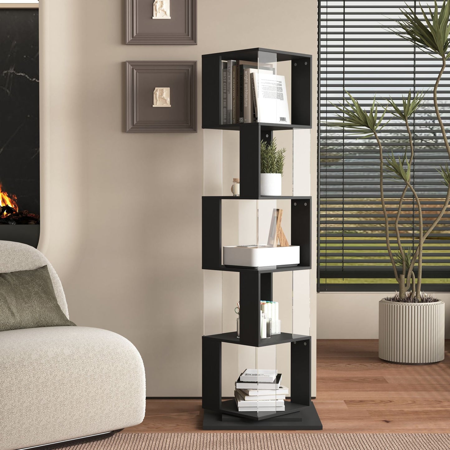 5 tier Rotating Bookshelf, Floor Rack Simple Bookcase with Acrylic plate Student Multi - Function Creative Bookshelf for Living Room with anti - toppling base - 7DAY'S