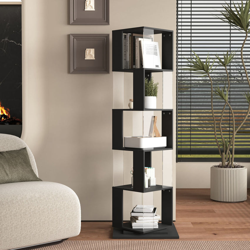 5 tier Rotating Bookshelf, Floor Rack Simple Bookcase with Acrylic plate Student Multi - Function Creative Bookshelf for Living Room with anti - toppling base - 7DAY'S