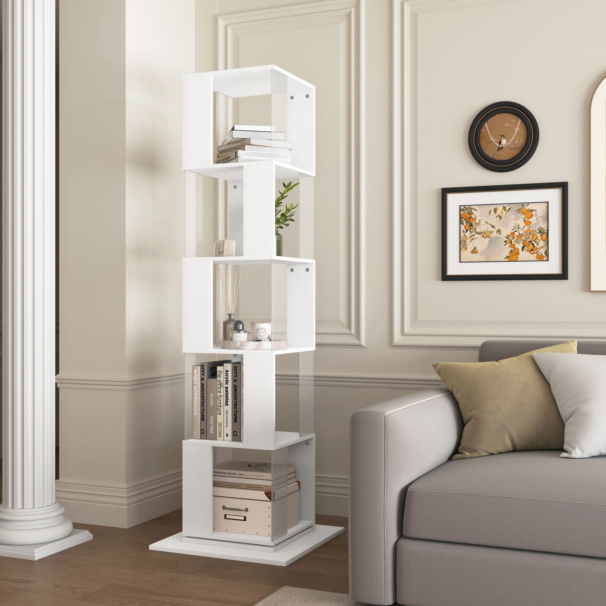 5 tier Rotating Bookshelf, Floor Rack Simple Bookcase with Acrylic plate Student Multi - Function Creative Bookshelf for Living Room with anti - toppling base - 7DAY'S
