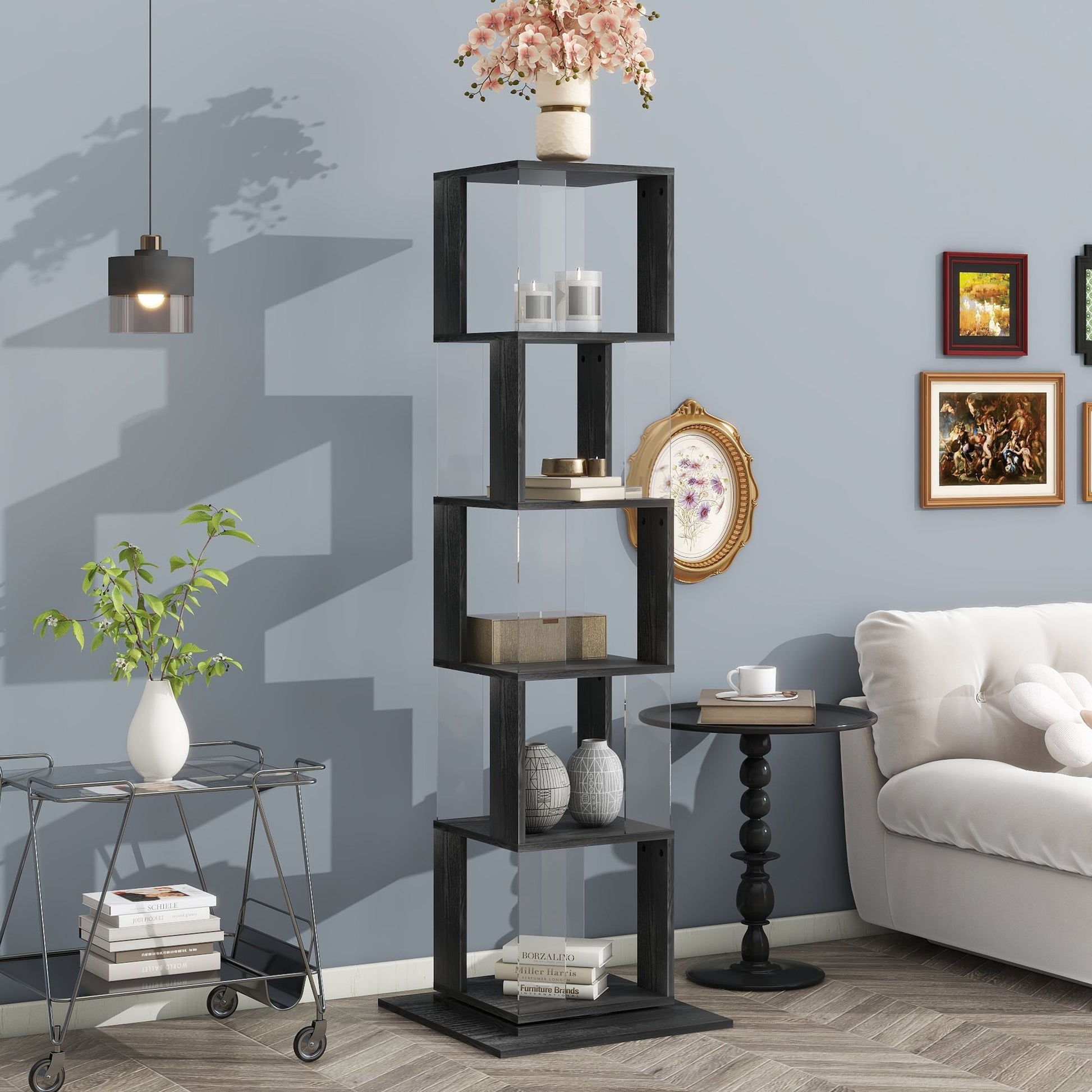 5 tier Rotating Bookshelf, Floor Rack Simple Bookcase with Acrylic plate Student Multi - Function Creative Bookshelf for Living Room with anti - toppling base - 7DAY'S