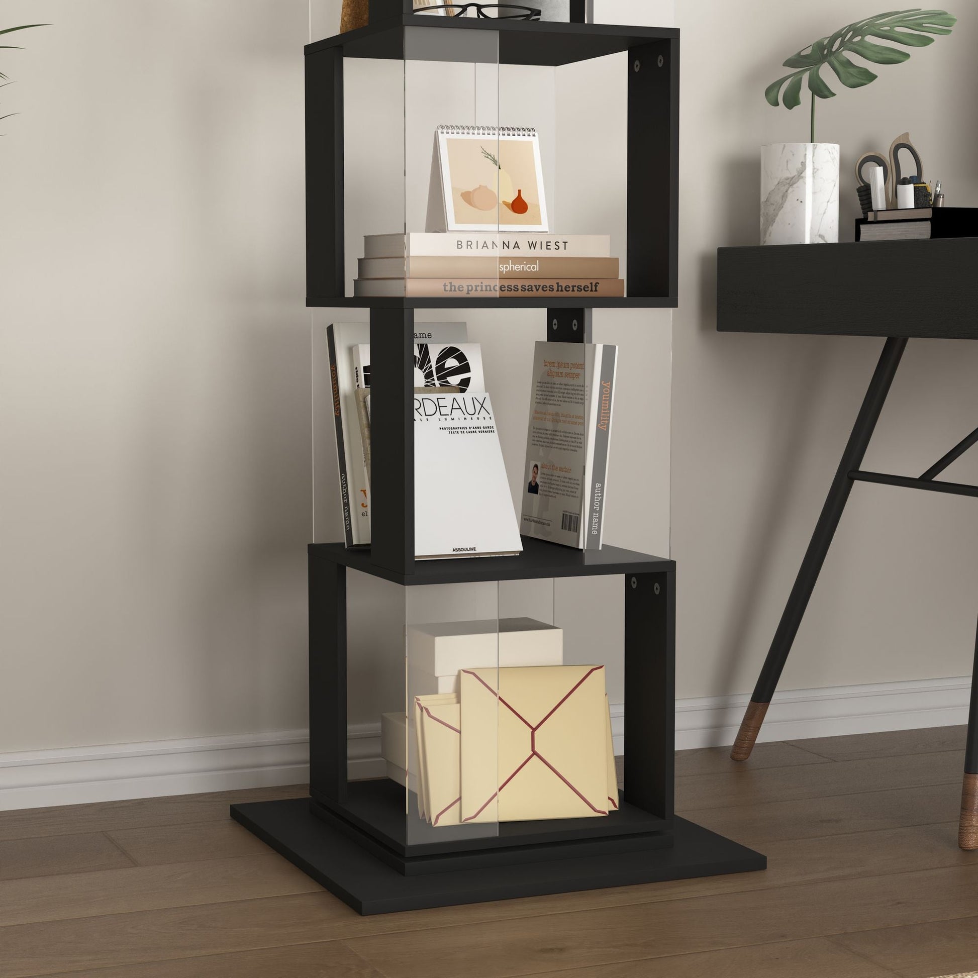 5 tier Rotating Bookshelf, Floor Rack Simple Bookcase with Acrylic plate Student Multi - Function Creative Bookshelf for Living Room with anti - toppling base - 7DAY'S