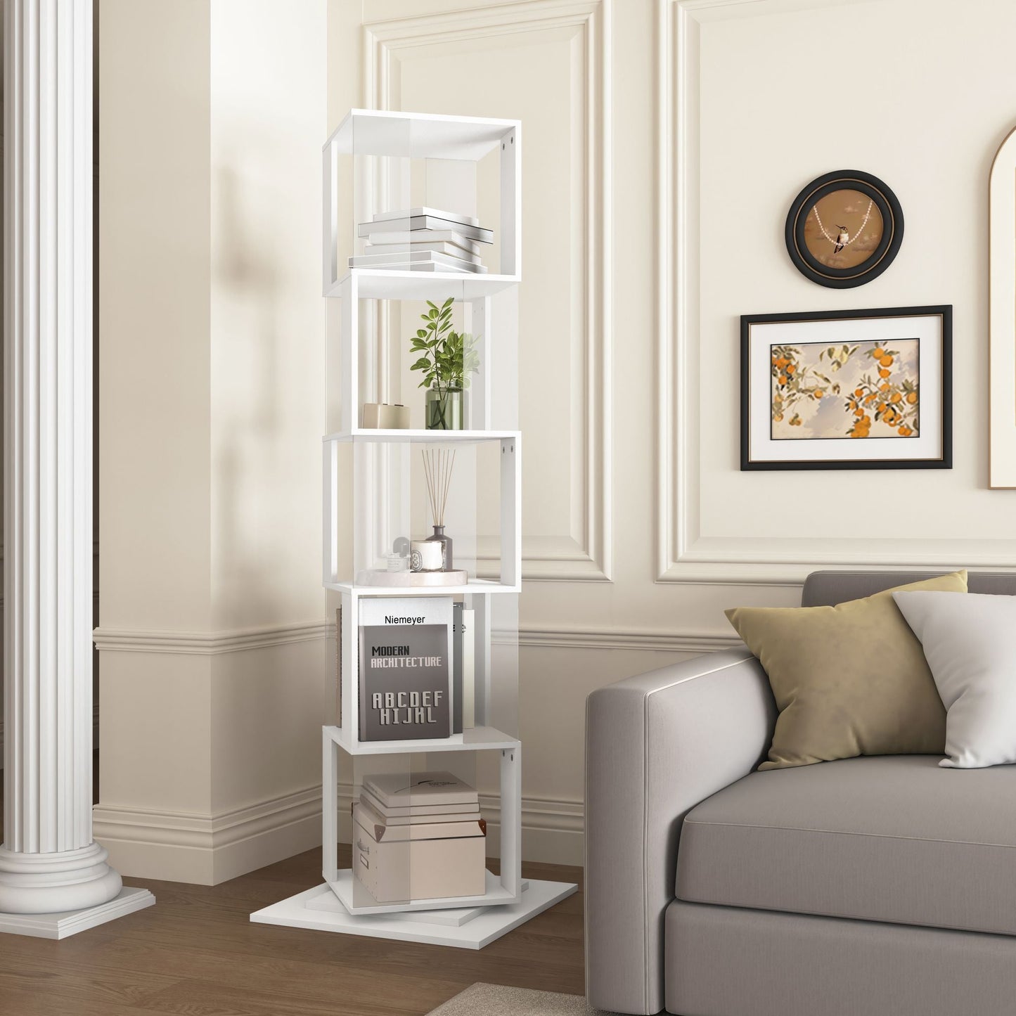 5 tier Rotating Bookshelf, Floor Rack Simple Bookcase with Acrylic plate Student Multi - Function Creative Bookshelf for Living Room with anti - toppling base - 7DAY'S