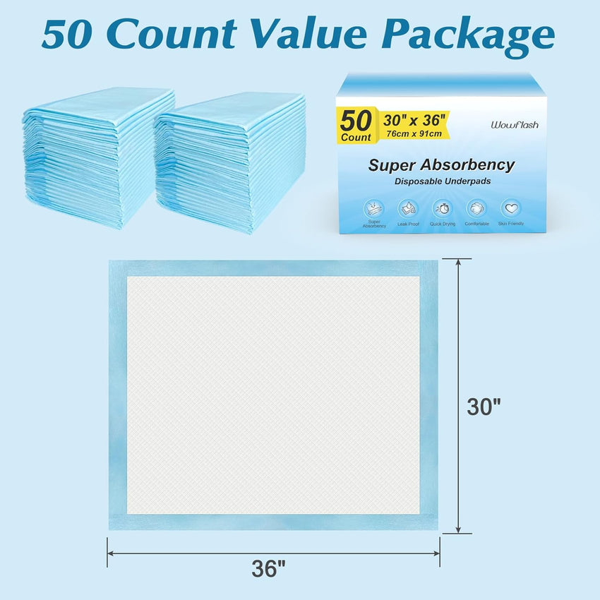 50 Count 30” x 36” Super Absorbency Disposable Underpads, Leakproof Quick Drying, Baby Puppy & Adults Bed Pads Disposable Adults, Dog Pee Pads Extra Large, XXL Incontinence Pads - 7DAY'S