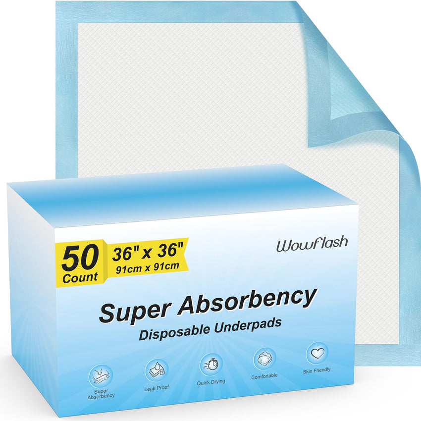 50 Count 30” x 36” Super Absorbency Disposable Underpads, Leakproof Quick Drying, Baby Puppy & Adults Bed Pads Disposable Adults, Dog Pee Pads Extra Large, XXL Incontinence Pads - 7DAY'S