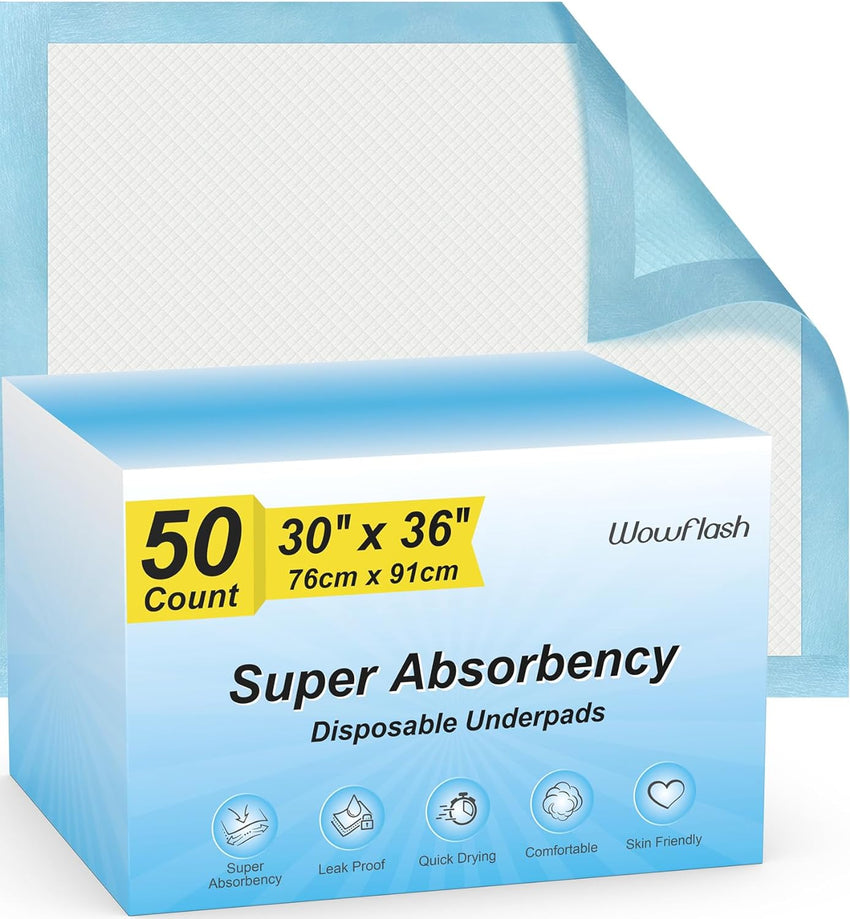 50 Count 30” x 36” Super Absorbency Disposable Underpads, Leakproof Quick Drying, Baby Puppy & Adults Bed Pads Disposable Adults, Dog Pee Pads Extra Large, XXL Incontinence Pads - 7DAY'S