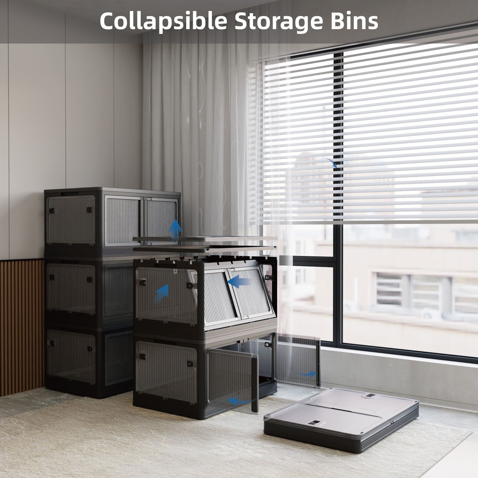 506QT 4 - Pack Transparent Stackable Storage Bins with 5 Doors to Open with Wheels, Folding Plastic Craft Containers Large Closet Organizers Box for Bedrooms Living Rooms Study Kids' Toys, Black - 7DAY'S