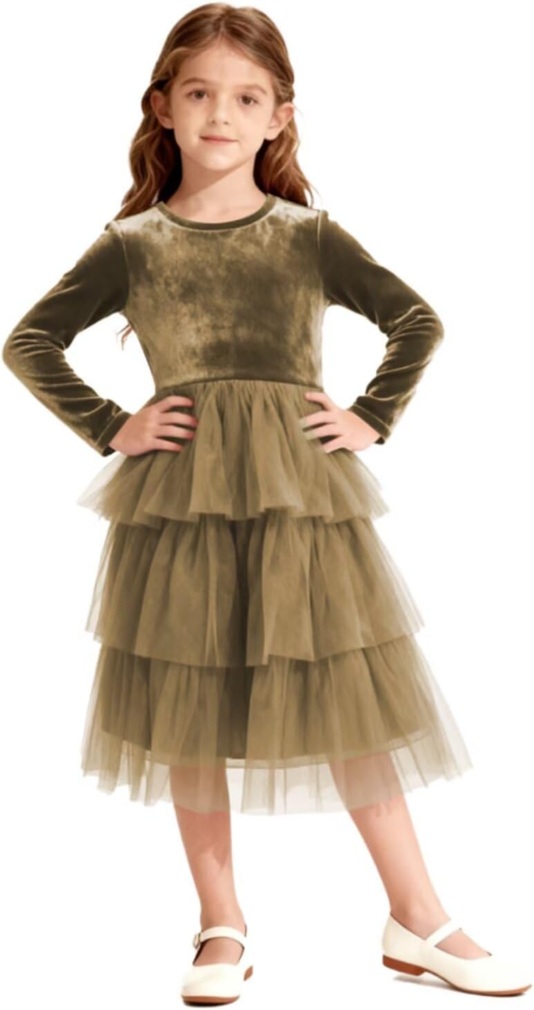 Christmas Dress Girls Velvet Tulle Puffy Long Sleeve Formal Party Dresses Princess Birthday Wedding Guest Dress
