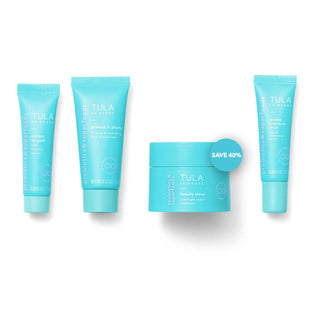 TULA Skin Care Your Best Skin At Every Age Firming & Smoothing Discovery Kit - Wrinkle Treatment, Face Moisturizer, Eye Serum and Overnight Repair Treatment, Anti-Aging, 4-Piece Kit