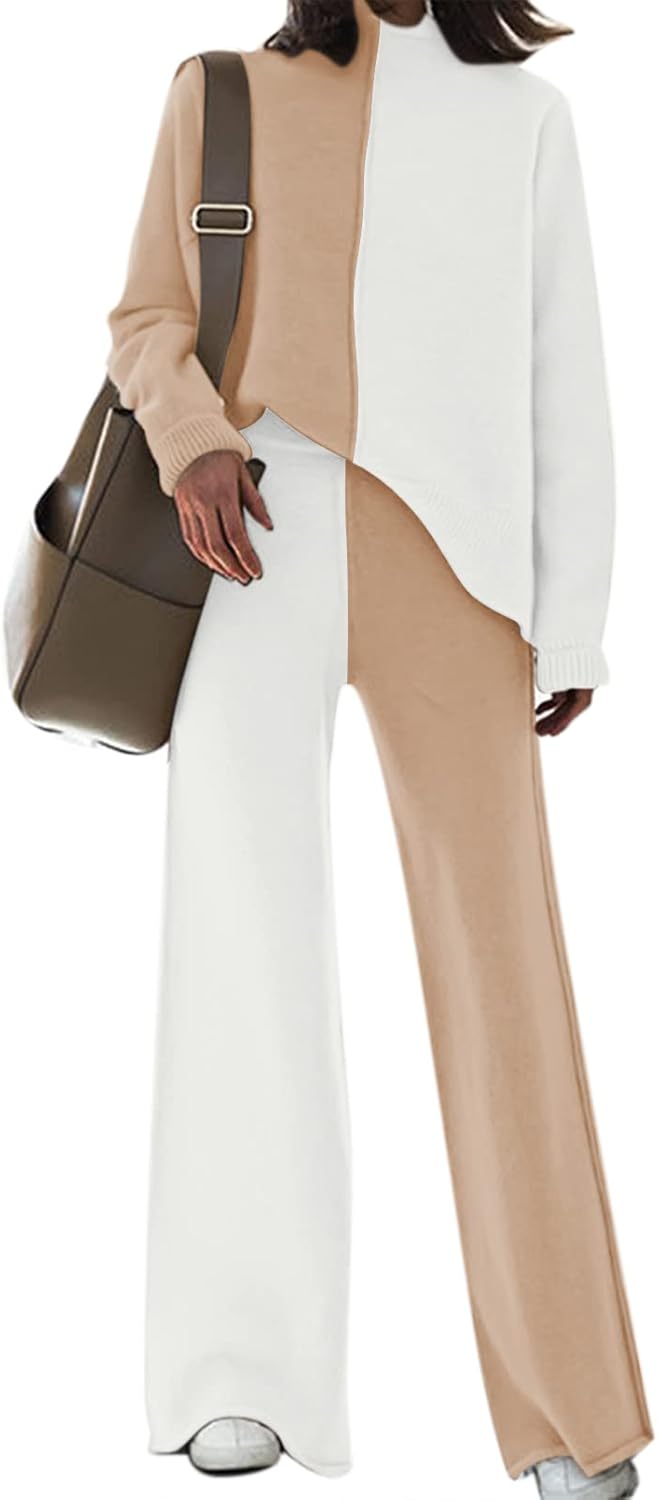 Fixmatti Women's Sweater Set High Neck Long Sleeve Top and Wide Leg Pant 2 Piece Lounge Set