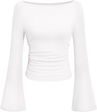 7DAY'S Women's Long Sleeve Shirts 2025 Fall Crop Going Out Tops Casual Boat Neck Bell Sleeve Ribbed Ruched Y2K Clothes