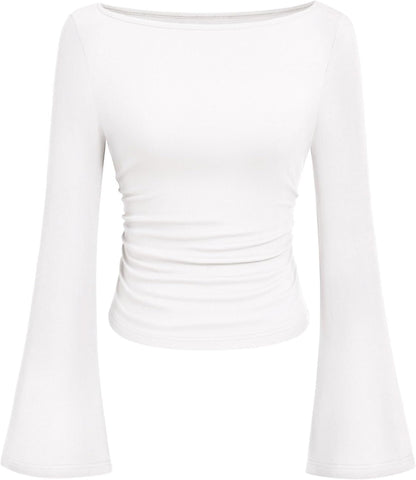 7DAY'S Women's Long Sleeve Shirts 2025 Fall Crop Going Out Tops Casual Boat Neck Bell Sleeve Ribbed Ruched Y2K Clothes