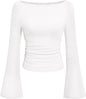 7DAY'S Women's Long Sleeve Shirts 2025 Fall Crop Going Out Tops Casual Boat Neck Bell Sleeve Ribbed Ruched Y2K Clothes