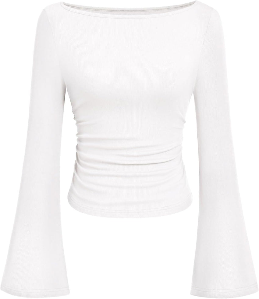 7DAY'S Women's Long Sleeve Shirts 2025 Fall Crop Going Out Tops Casual Boat Neck Bell Sleeve Ribbed Ruched Y2K Clothes