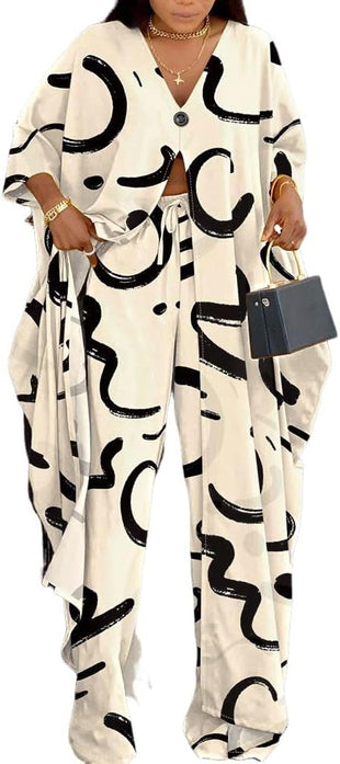 CHICME Women's 2 Piece Outfits 2025 Abstract Print Batwing Sleeve V Neck Top with High Slit and Loose Wide Leg Pants Set