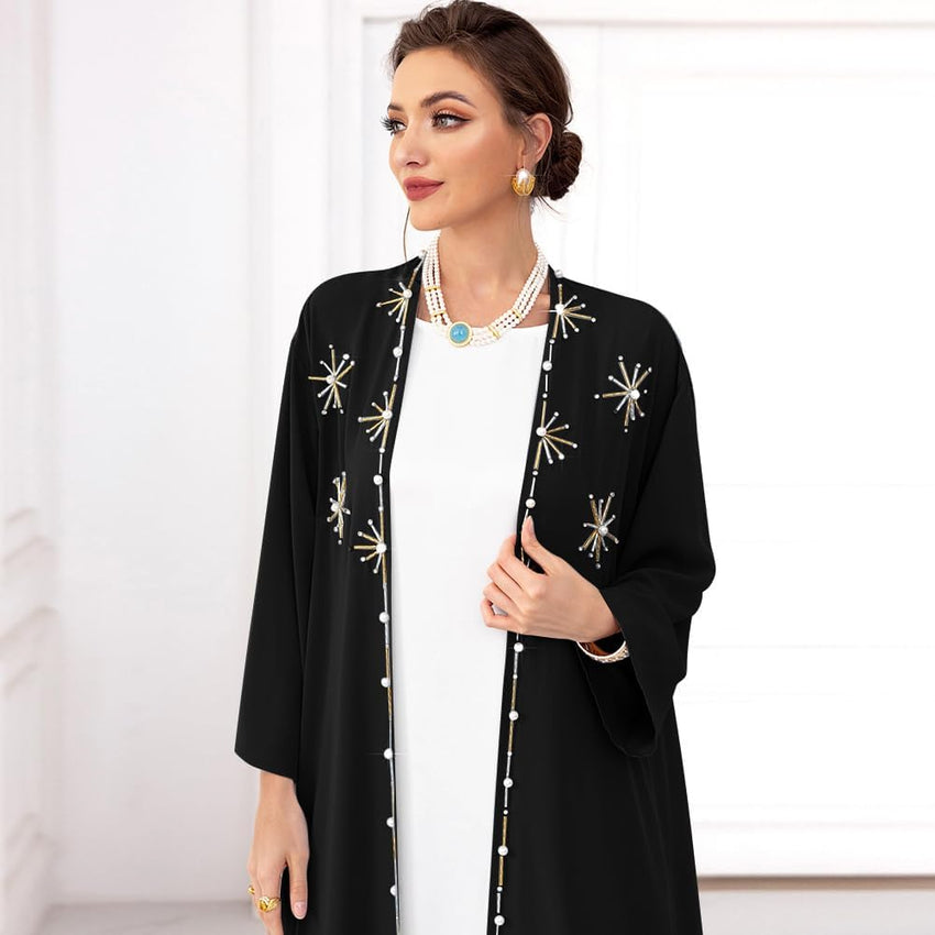 Muslim Abaya Long Sleeve Open Front Rhinestones Kaftan Cardigan Maxi Dress for Women with Belt
