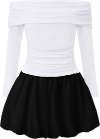 EXARUS Girls Dress Off The Shoulder Bodycon/Bubble Long Sleeve Teen Ruched Homecoming Dance Party Prom Tween Dresses