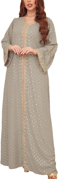 FPOVFPO Women's Muslim Abaya One-Piece V Neck Bronzing Dress Islamic Full Length Kaftan Daily Casual