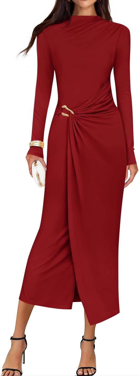 ZESICA Women's 2025 Fall Long Sleeve Bodycon Dress Mock Neck Wedding Guest Cocktail Party Long Midi Dresses
