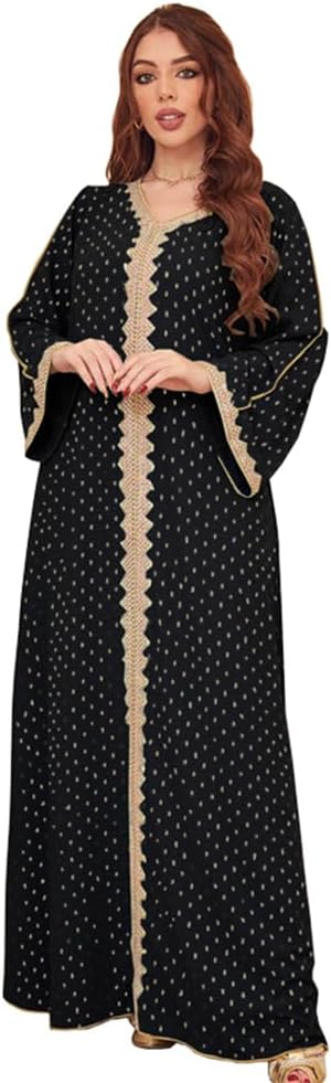 ODIZLI Womens Muslim Abaya Dress V Neck Bronzing Dress Islamic Full Length Kaftan Daily Casual One-Piece