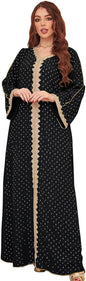 ODIZLI Womens Muslim Abaya Dress V Neck Bronzing Dress Islamic Full Length Kaftan Daily Casual One-Piece